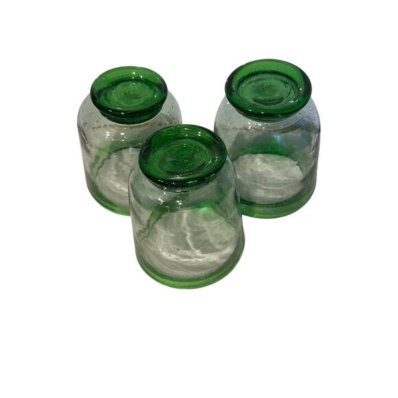 Hand Blown Mexican Glass Green Rim & Base Irregular Drinking Glasses set of 3 - Picture 7 of 9